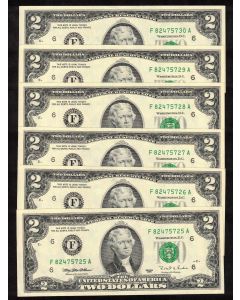 6x 1976 F USA 1976 $2 FRN Atlanta consecutive banknotes Choice Uncirculated