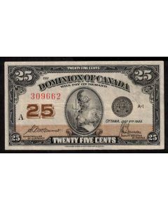 1923 Canada 25 Cent banknote McCavour Saunders 309662 DC-25c VF+