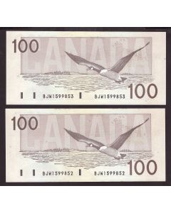 2x 1991 Canada $100 consecutive notes Knight Dodge BJW1599852-53 CH UNC