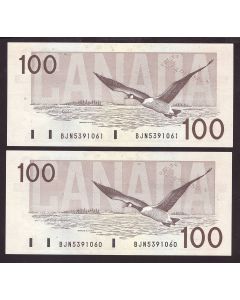 2x 1988 Canada $100 consecutive notes Knight Thiessen BJN5391060-61 CH UNC