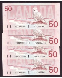 4X 1988 Canada $50 Snowy Owl consecutive notes FHZ2970882-85 CH UNC+