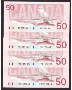 4X 1988 Canada $50 Snowy Owl consecutive notes FME1596411-14 CH UNC+