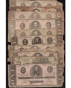 11 X 1862 1863 $1 Confederate States of America Notes circulated and damaged