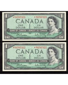 2X 1954 Canada $1 consecutive replacement BR *N/Y 0707322-23 CH AU/UNC