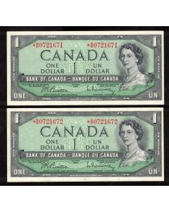 2 X 1954 Canada $1 consecutive replacement notes *B/M0721671-72 Choice UNC