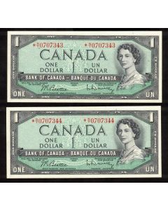 2X 1954 Canada $1 consecutive replacement notes BR *N/Y 0707343-44 CH UNC