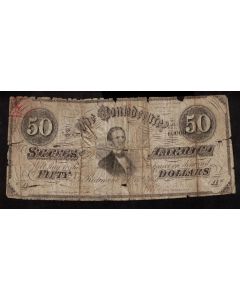 1864 Confederate States of America Jefferson Davis $50 note poor damaged