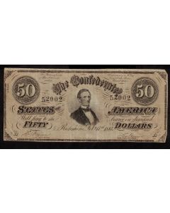 1864 $50 FIFTY DOLLARS Confederate States of America #52002 FEB 17 damaged