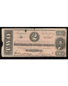 1864 $2 TWO DOLLARS Confederate States of America CSA Febrary 17 damaged