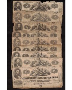 9 X 1862 $2 Confederate States of America Notes all circulated and damaged