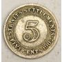 1902 Straits Settlements 5 Cents silver coin a/F