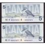 2x 1986 Canada $5 consecutive notes Knight Theissen ANK8270676-77 CH UNC