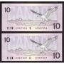 2x 1989 Canada $10 consecutive notes Theissen Crow AER4376026-27 CH UNC