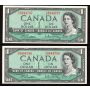 2x 1954 Canada $1 consecutive notes Beattie Rasminsky X/Z8844786-7 CH UNC