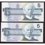 2x 1986 Canada $5 consecutive notes Knight Theissen ANK8270676-77 CH UNC