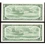 2x 1954 Canada $1 consecutive notes Beattie Rasminsky X/Z8844786-7 CH UNC