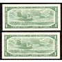 2x 1954 Canada $1 consecutive notes Lawson Bouey Y/F5406779-80 CH UNC+