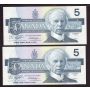 2x 1986 Canada $5 consecutive notes Knight Dodge ANS7281280-81 Choice UNC