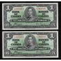 2x 1937 Canada $1 consecutive notes Coyne Towers H/N2903801-02 CH AU/UNC