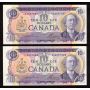 2x 1971 Canada $10 banknotes Lawson Bouey VA 6597497-98 Choice UNC