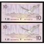 2x 1989 Canada $10 consecutive notes Knight Thiessen BEH1843775-76 CH.UNC