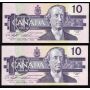 2x 1989 Canada $10 consecutive notes Knight Thiessen BEH1843775-76 CH.UNC