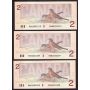 8X 1986 Cdn $2 consecutive Error notes BBW 1st prefix letter misaligned CH UNC