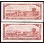 2x 1954 Canada $2 consecutive notes Lawson Bouey V/G 4253946-47 EF+