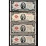 4x 1928 USA RED SEAL $2 banknotes C D E and F FR-1504-5-6 and 7 all 4-notes VF