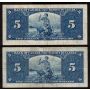 10x 1937 Canada $5 banknotes mixed signatures and prefix all FINE