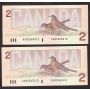 2X 1986 Canada $2 consecutive notes Crow Bouey AUN2365312-13 CH UNC