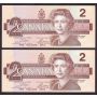 2X 1986 Canada $2 consecutive notes Crow Bouey AUN2365312-13 CH UNC