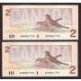 2X 1986 Canada $2 consecutive notes Thiessen Crow AUM0821793-94 CH UNC+