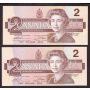 2X 1986 Canada $2 consecutive notes Thiessen Crow AUM0821793-94 CH UNC+