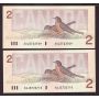 2X 1986 Canada $2 consecutive notes Crow Bouey AUJ5722709-10 CH UNC+