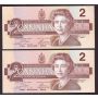 2X 1986 Canada $2 consecutive notes Crow Bouey AUJ5722709-10 CH UNC+