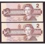 2X 1986 Canada $2 consecutive notes Crow Bouey AUJ9282735-36b CH UNC+