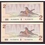 2X 1986 Canada $2 consecutive notes Crow Bouey AUJ9282735-36b CH UNC+