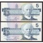 2x 1986 Canada $5 consecutive note Crow Bouey ENL9035525-26 BC-56a AU/UNC