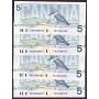 4x 1986 Canada $5 consecutive note Crow Bouey ENC5088949-52 BC56a CH UNC