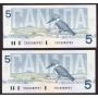 4x 1986 Canada $5 consecutive note Crow Bouey ENC5088949-52 BC56a CH UNC