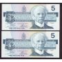 4x 1986 Canada $5 consecutive note Crow Bouey ENC5088949-52 BC56a CH UNC