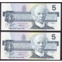 2x 1986 Canada $5 consecutive notes Knight Theissen ANN9025218-9 CH UNC