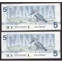 4x 1986 Canada $5 consecutive notes Bonin Thiessen GPN 1485884-87 CH UNC