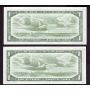 2x 1954 Canada $1 banknotes J/M6449549-50 Dark obverse Ink CH AU/UNC