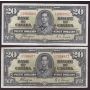 10x 1937 Canada $20 banknotes 10-notes F/VF or better