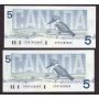 4x 1986 Canada $5 consecutive notes Bonin Thiessen GPN 1485884-87 CH UNC