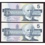 2X 1986 Canada $5 banknote Knight Dodge ANS7263661-62 BC-56e-i Choice UNC