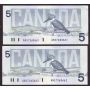 2X 1986 Canada $5 banknote Knight Dodge ANS7263661-62 BC-56e-i Choice UNC