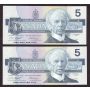 2X 1986 Canada $5 banknotes BC-56e HNB6854396 and HNB8092660 Choice UNC